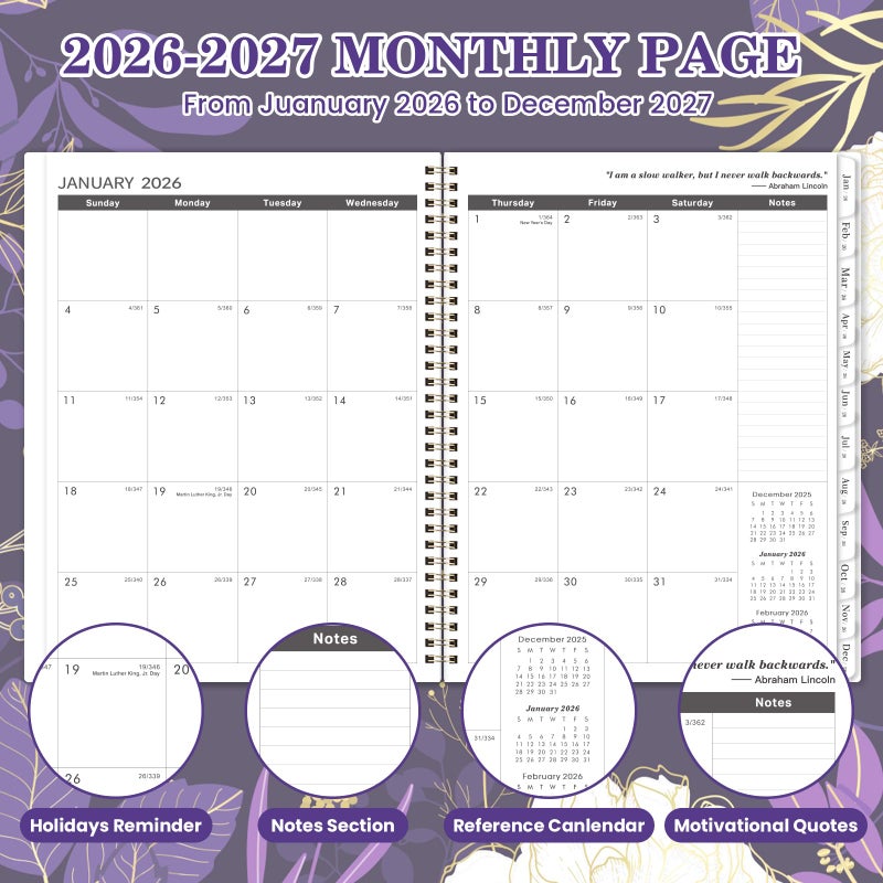 Indeme 2026-2027 Monthly Planner - 2 Year Monthly Planner/Calendar 2026-2027, Jan 2026 - Dec 2027, 11"" x 9"", 24 Months, Tabs, Back Pocket, Holidays, Twin-Wire Binding, Note Pages - Image 3